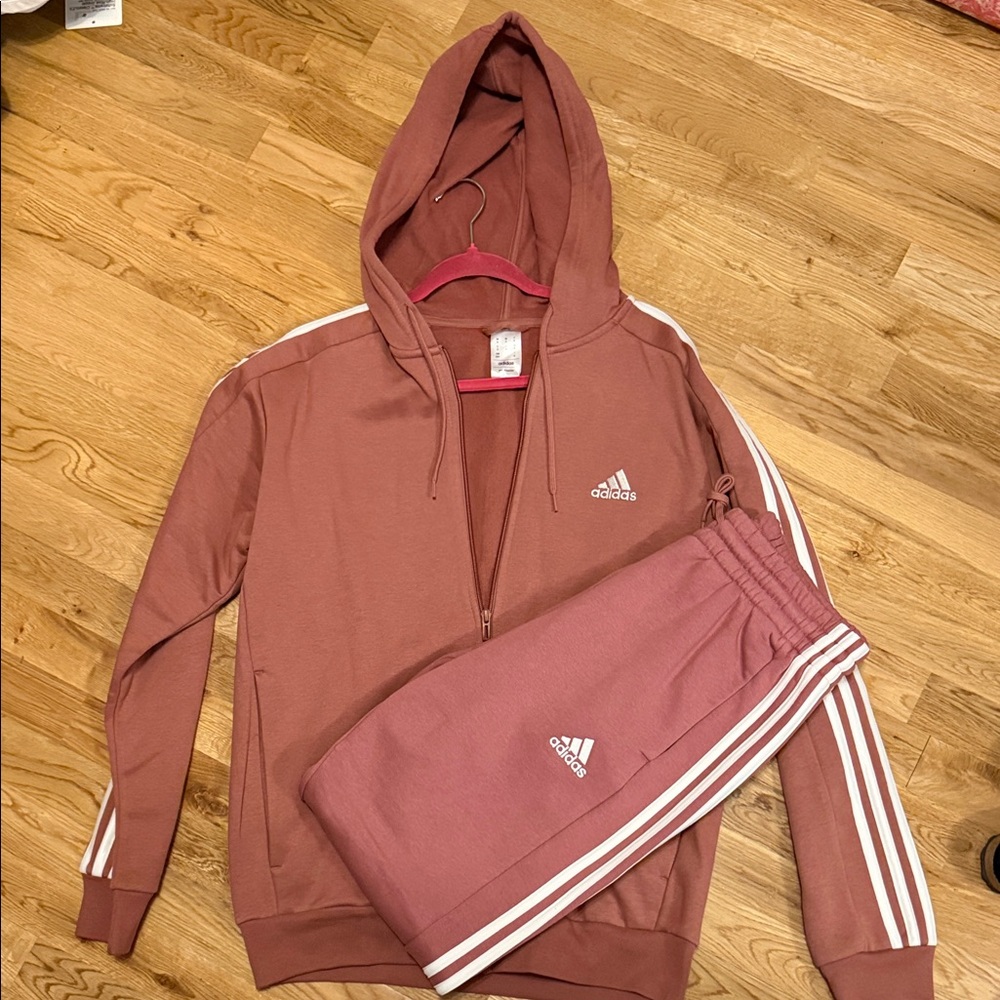 Adidas Rose Hoodie Set with White Stripes